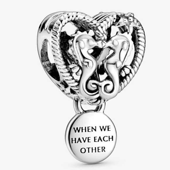 Sterling Silver Openwork Kissing Seahorses Sea Horses Heart Dangle Charm - Picture 1 of 4